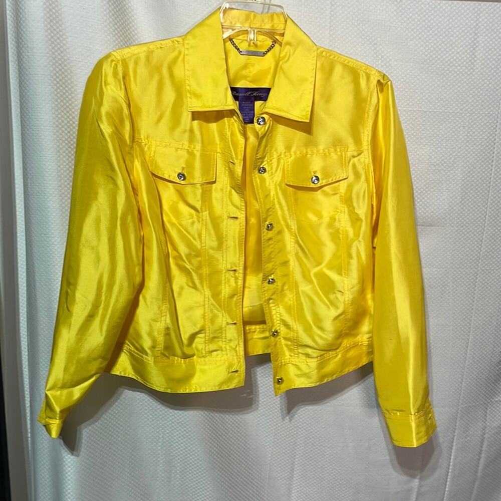 Russell Kengs bright yellow silk rhinestone buttons styled like jean jacket euc